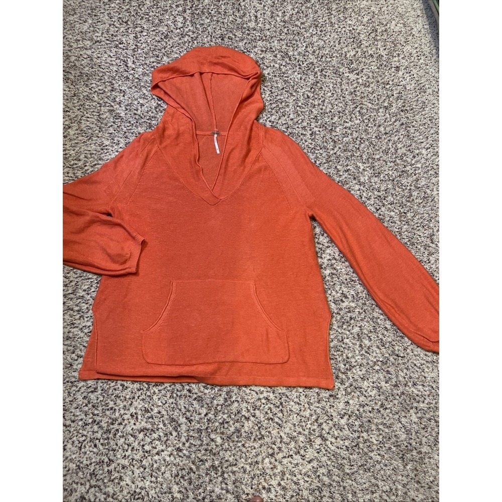 Free People Knit Hooded‎ Sweater Womens S Linen Blend Oversized Slits Orange